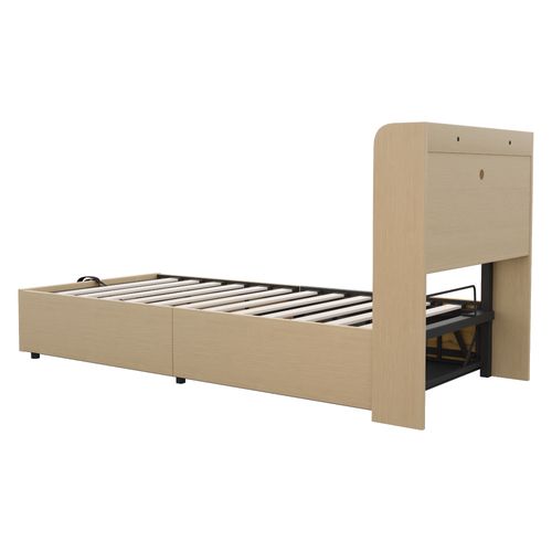 Lit Simple 90x200 Cm Avec Rangement Hydraulique, Tête De Lit Avec Niches Et Prise USB/type-c – Bois
