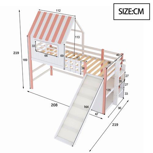 Lit Enfant 90x200 Cm Avec Toît, Échelle, Toboggan Et Rangements Multiples – Rose