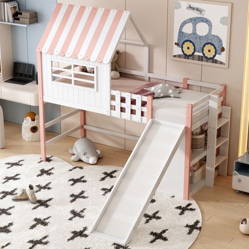 Lit Enfant 90x200 Cm Avec Toît, Échelle, Toboggan Et Rangements Multiples – Rose
