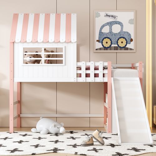 Lit Enfant 90x200 Cm Avec Toît, Échelle, Toboggan Et Rangements Multiples – Rose