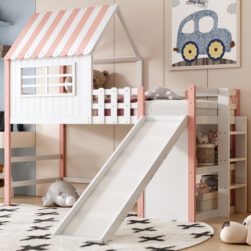 Lit Enfant 90x200 Cm Avec Toît, Échelle, Toboggan Et Rangements Multiples – Rose
