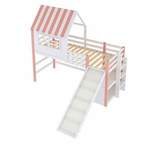 Lit Enfant 90x200 Cm Avec Toît, Échelle, Toboggan Et Rangements Multiples – Rose
