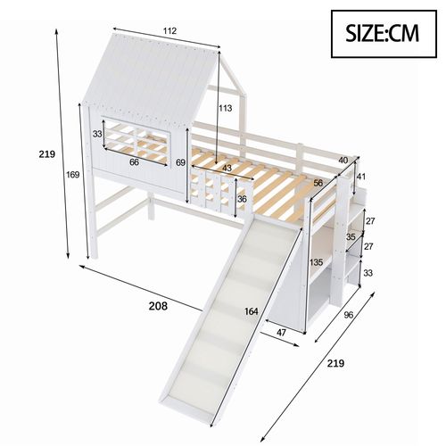 Lit Enfant 90x200 Cm Avec Toît, Échelle, Toboggan Et Rangements Multiples – Blanc