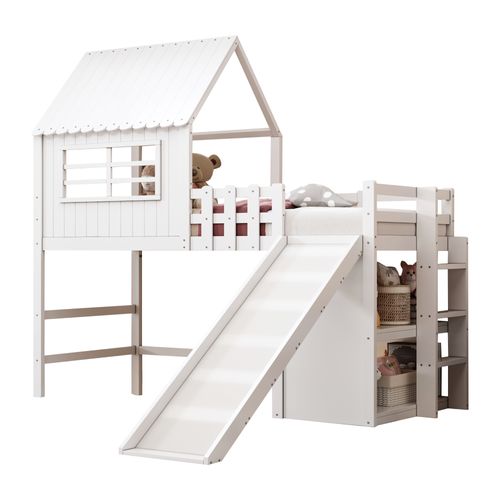 Lit Enfant 90x200 Cm Avec Toît, Échelle, Toboggan Et Rangements Multiples – Blanc