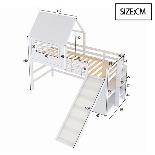 Lit Enfant 90x200 Cm Avec Toît, Échelle, Toboggan Et Rangements Multiples – Blanc