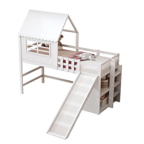Lit Enfant 90x200 Cm Avec Toît, Échelle, Toboggan Et Rangements Multiples – Blanc