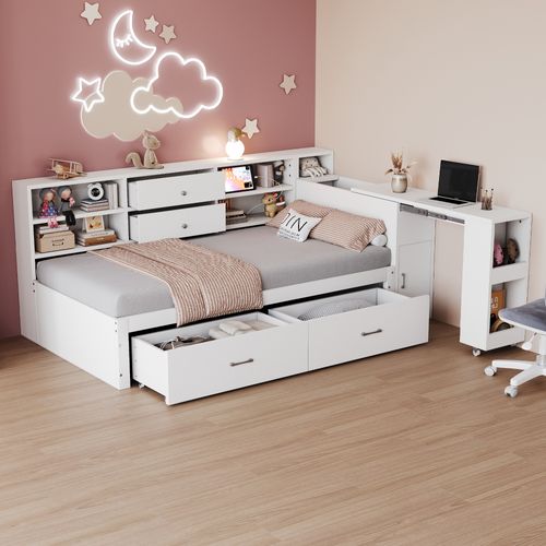 Lit Enfant 90x200 Cm Avec Rangements, Tiroirs Et Bureau Coulissant – Blanc
