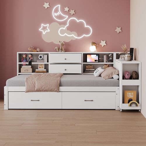 Lit Enfant 90x200 Cm Avec Rangements, Tiroirs Et Bureau Coulissant – Blanc