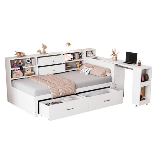 Lit Enfant 90x200 Cm Avec Rangements, Tiroirs Et Bureau Coulissant – Blanc