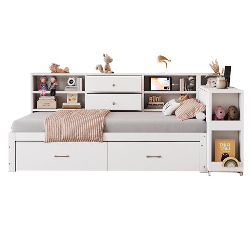 Lit Enfant 90x200 Cm Avec Rangements, Tiroirs Et Bureau Coulissant – Blanc