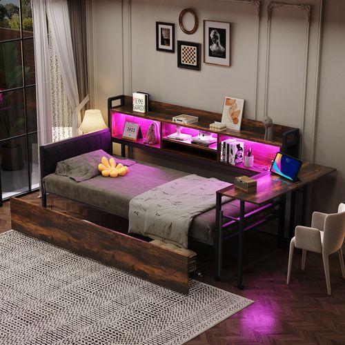 Canapé-lit 90x200 Cm En Métal Avec LED, Bureau Et Rangements Bois