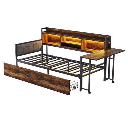 Canapé-lit 90x200 Cm En Métal Avec LED, Bureau Et Rangements Bois