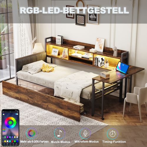 Canapé-lit 90x200 Cm En Métal Avec LED, Bureau Et Rangements Bois