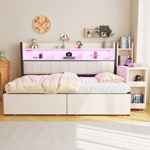 Canapé-lit 90x200 Cm Métal Avec LED, Tiroirs Et Bureau Escamotable