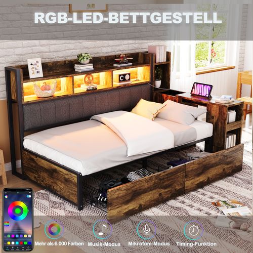 Canapé-lit Métal 90x200 Cm Avec LED, Bureau Escamotable Et Tiroirs