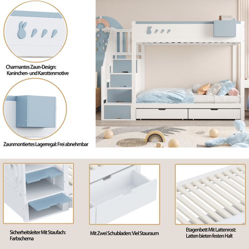 Lit Superposé Enfant 90x200 Cm Avec Motifs Lapin Et Carotte