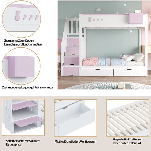 Lit Superposé Enfant 90x200 Cm Avec Motifs Lapin Et Carotte Rose