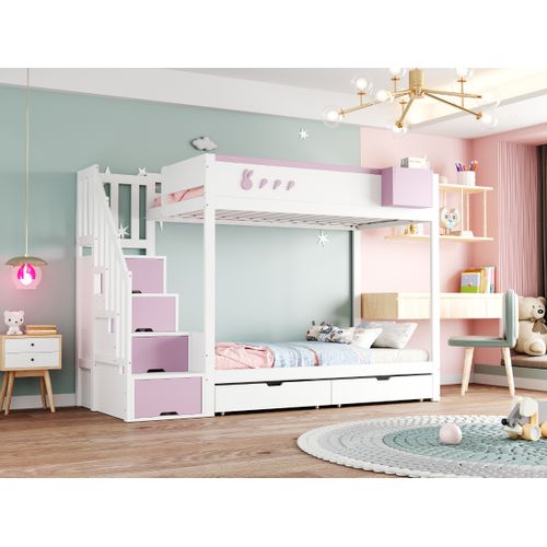 Lit Superposé Enfant 90x200 Cm Avec Motifs Lapin Et Carotte Rose