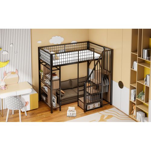 Lit Mezzanine Multifonction 90x200 Cm Avec Rangement Noir