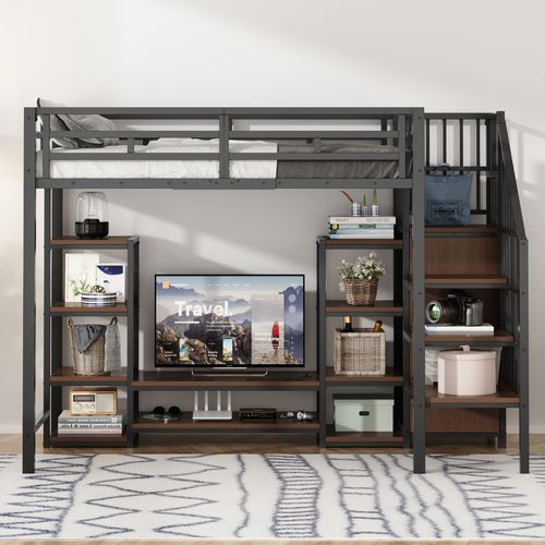 Lit Mezzanine 90x200 Multifonction Avec TV, Prise Et Rangement Noir