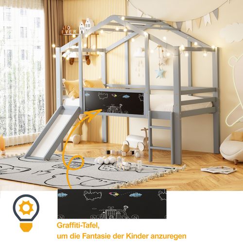 Lit Mezzanine Enfant 90x200 Avec Toboggan Et Tableau Gris