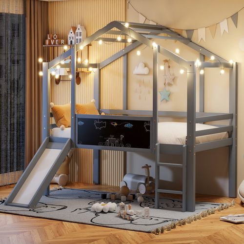 Lit Mezzanine Enfant 90x200 Avec Toboggan Et Tableau Gris