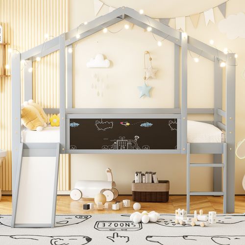 Lit Mezzanine Enfant 90x200 Avec Toboggan Et Tableau Gris