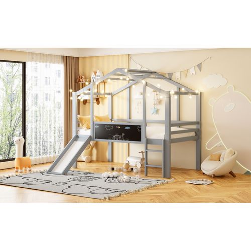 Lit Mezzanine Enfant 90x200 Avec Toboggan Et Tableau Gris