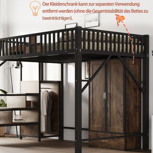 Lit Mezzanine 140x200 Métal Et Bois Avec Garde-corps, Armoire Et Tiroirs