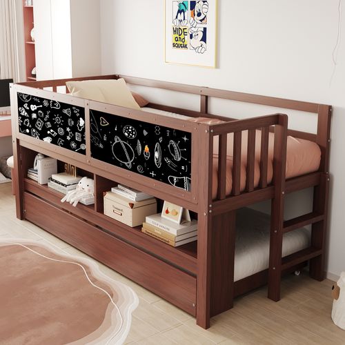 Lit Enfant 90x200 Maison Brun Avec Lit Gigogne Et Tableau Noir