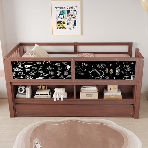 Lit Enfant 90x200 Maison Brun Avec Lit Gigogne Et Tableau Noir