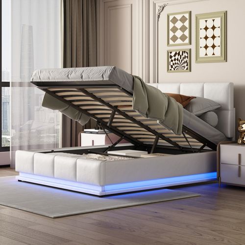 Lit Double 140x200 Cm Avec LED Et Rangement Hydraulique Blanc