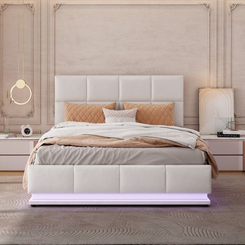 Lit Double 140x200 Cm Avec LED Et Rangement Hydraulique Blanc