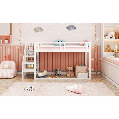 Lit Superposé Bas 90x200 Cm Avec Échelle Et Rangement Blanc