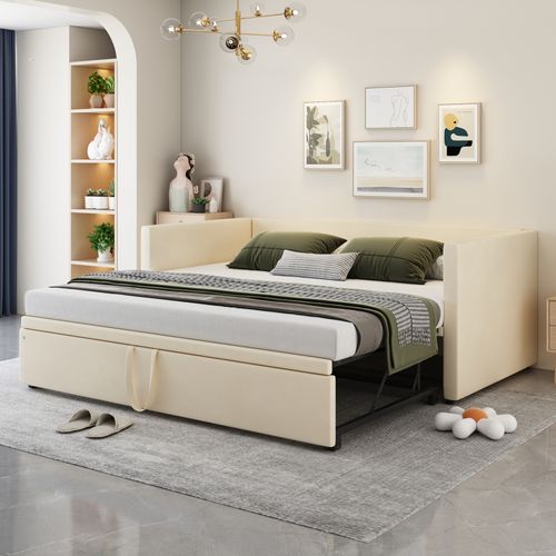 Lit Gigogne, Canapé-lit Convertible 90/180x200 Cm En Velours Avec Sommier Beige