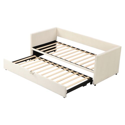 Lit Gigogne, Canapé-lit Convertible 90/180x200 Cm En Velours Avec Sommier Beige