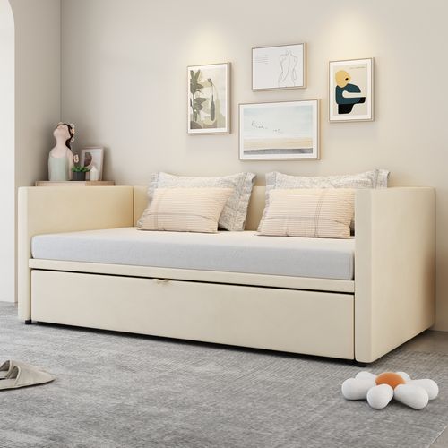 Lit Gigogne, Canapé-lit Convertible 90/180x200 Cm En Velours Avec Sommier Beige