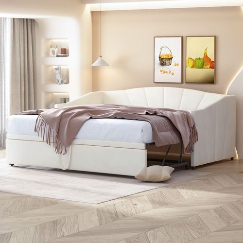 Canapé-lit Extensible 90/180x200 Cm En Velours Beige Avec Sommier