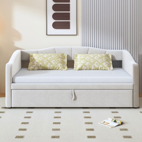 Canapé-lit Extensible 90/180x200 Cm En Velours Beige Avec Sommier