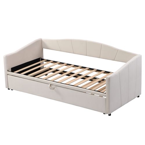 Canapé-lit Extensible 90/180x200 Cm En Velours Beige Avec Sommier