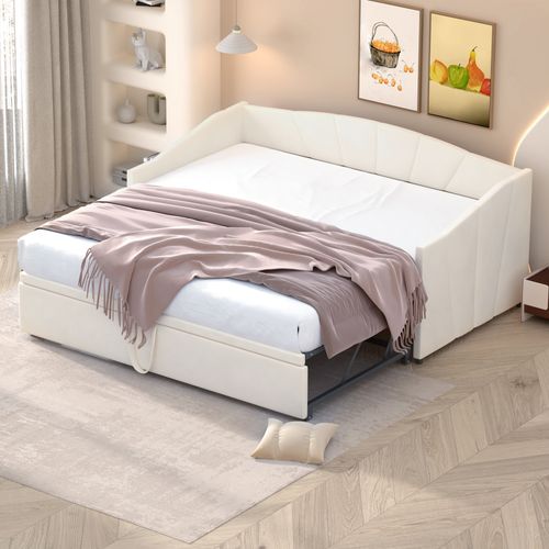 Canapé-lit Extensible 90/180x200 Cm En Velours Beige Avec Sommier