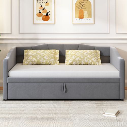 Canapé-lit Extensible 90/180x200 Cm En Velours Gris Avec Sommier