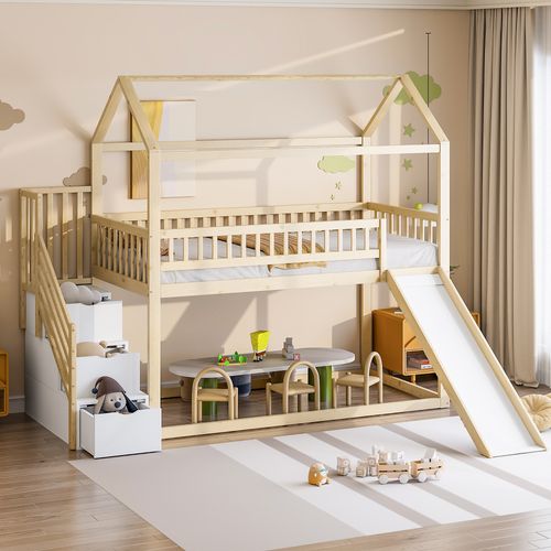 Lit Superposé Enfant 90x200 Cm Avec Toboggan Et Échelle De Rangement En Bois Naturel