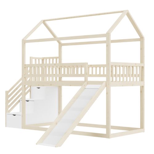 Lit Superposé Enfant 90x200 Cm Avec Toboggan Et Échelle De Rangement En Bois Naturel