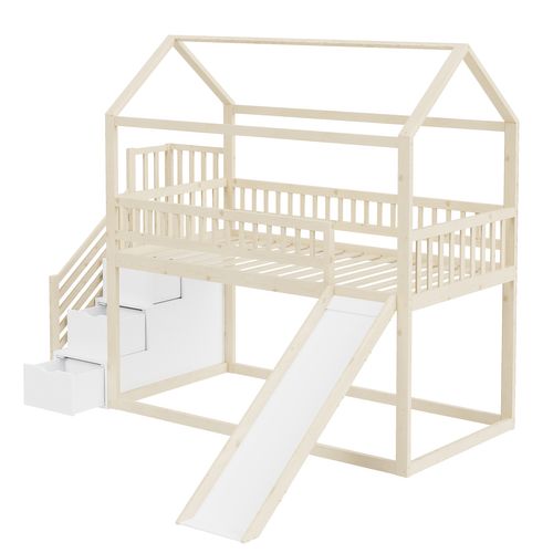 Lit Superposé Enfant 90x200 Cm Avec Toboggan Et Échelle De Rangement En Bois Naturel