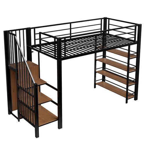 Lit Mezzanine 90x200 Cm Noir Avec Sécurité, Rangement Et Placard Intégré