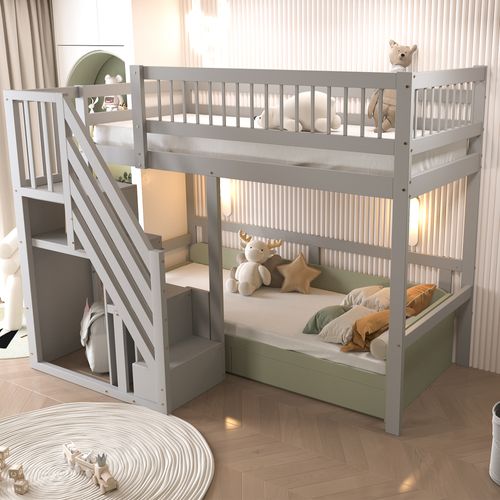 Lit Mezzanine Enfant 90x200 Cm En Bois Massif Avec Escalier De Rangement, Gris
