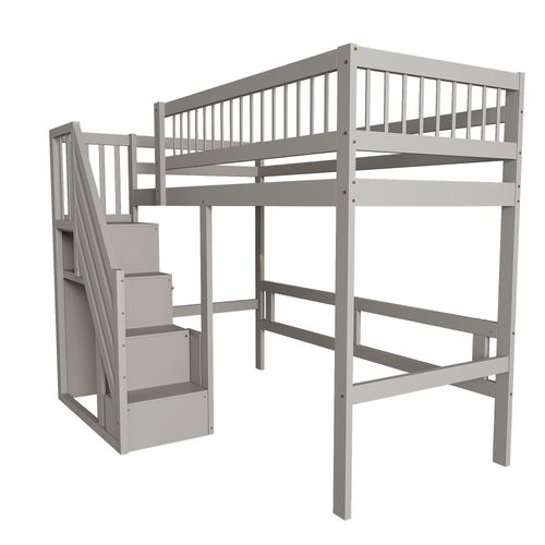 Lit Mezzanine Enfant 90x200 Cm En Bois Massif Avec Escalier De Rangement, Gris