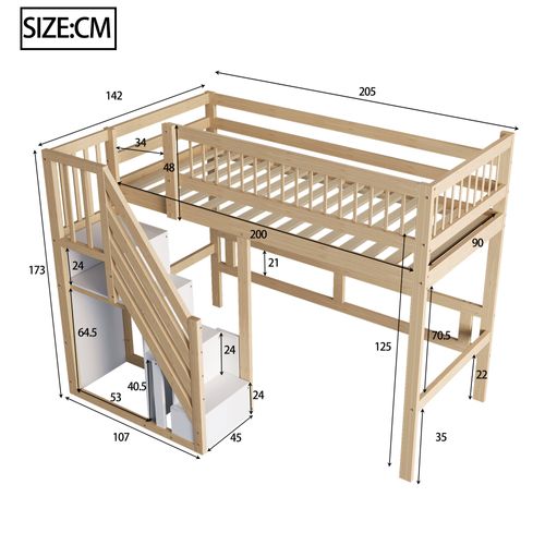 Lit Mezzanine Enfant 90x200 Cm En Bois Massif Avec Escalier De Rangement, Bois Naturel