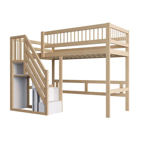 Lit Mezzanine Enfant 90x200 Cm En Bois Massif Avec Escalier De Rangement, Bois Naturel